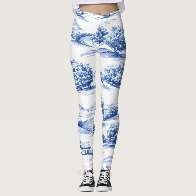 Blue Botanical Toile Pattern Leggings (Front)