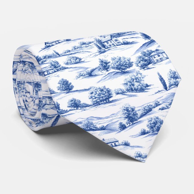 Blue Botanical Toile Pattern Tie (Rolled)