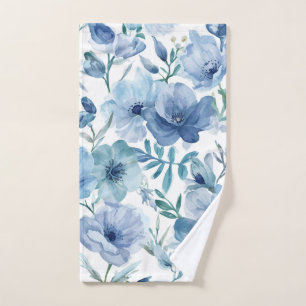 Blue Botanical Watercolor Floral Garden Hand Towel