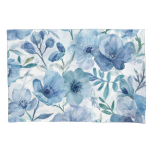 Blue Botanical Watercolor Floral Garden Pillowcase