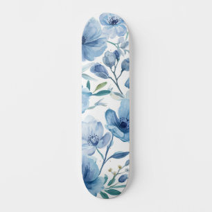 Blue Botanical Watercolor Floral Garden Skateboard