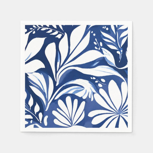 Blue Botanical Watercolor Floral Pattern Napkin (Front)