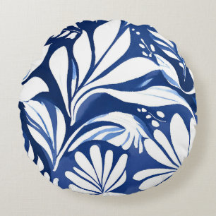 Blue Botanical Watercolor Floral Pattern Round Cushion