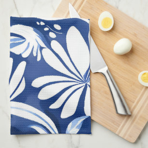 Blue Botanical Watercolor Floral Pattern Tea Towel