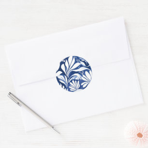 Blue Botanical Watercolor Floral White Pattern Classic Round Sticker