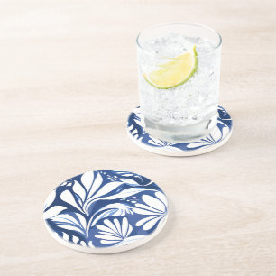 Blue Botanical Watercolor Floral White Pattern Coaster