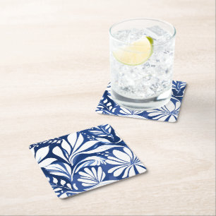 Blue Botanical Watercolor Floral White Pattern Square Paper Coaster