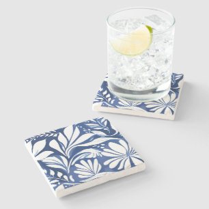 Blue Botanical Watercolor Floral White Pattern Stone Coaster