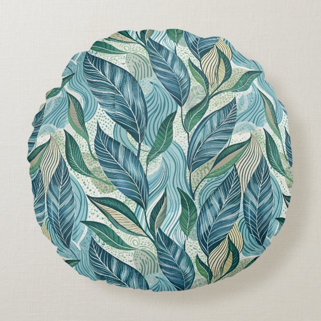 Blue Botanical Wave Modern Pattern Round Cushion (Front)