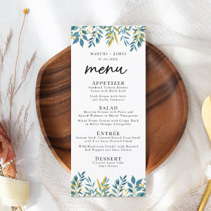 Blue Botanical Wedding Dinner Menu Card