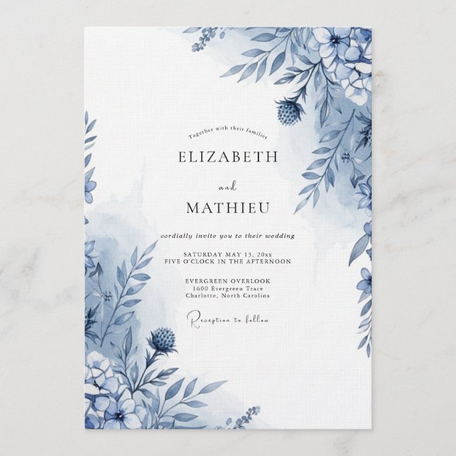 Blue Botanical Whimsy Wedding Invitation (Front)