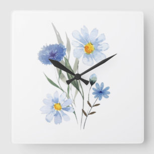 Blue Botanical Wildflower Bouquet   Watercolor  Square Wall Clock