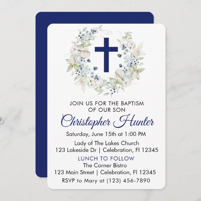 Blue Botanical Wreath Boy Baptism Invitation (Front/Back)