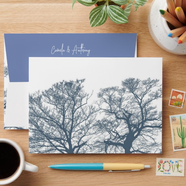Blue Bottom Trees Tropical Boho Wedding Envelope (Desk)