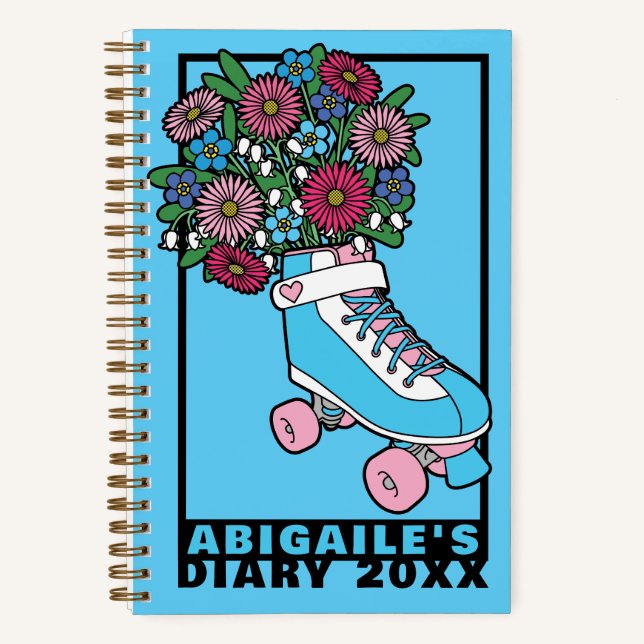 Blue Bouquet Skate Cartoon Name Year Diary Notebook (Front)