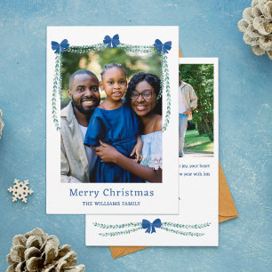 Blue Bow-Adorned Garland Merry Christmas Photo Holiday Card