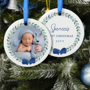 Blue Bow-Adorned Wreath Baby's First Christmas Ceramic Ornament