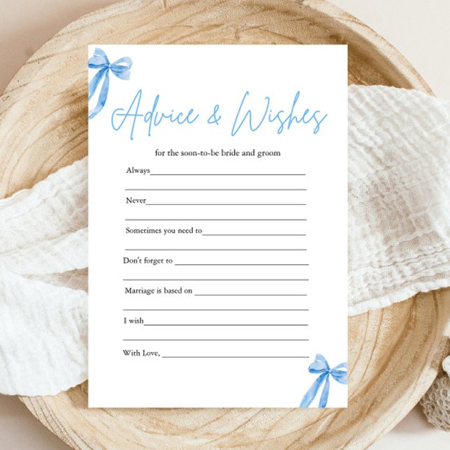 Blue Bow Advice and Wishes Bridal Shower Game Invitation (Modern Watercolor Blue Bow Advice and Wishes Bridal Shower Game)