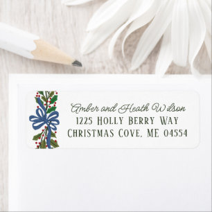 Blue Bow and Holly Garland Holiday Return Address Label