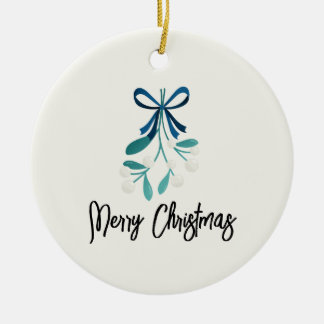 Blue Bow and Mistletoe Ceramic Ornament