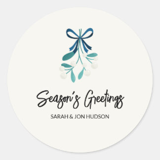 Blue Bow and Mistletoe Classic Round Sticker