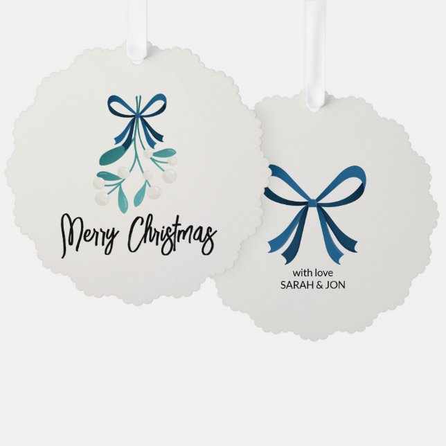 Blue Bow and Mistletoe Tree Decoration Card (Front/Back)