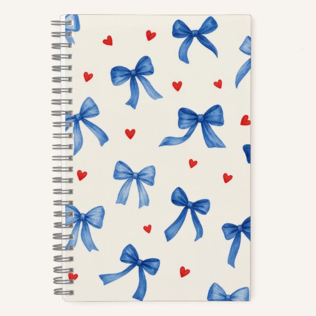 Blue Bow and Red Heart Pattern Notebook (Front)