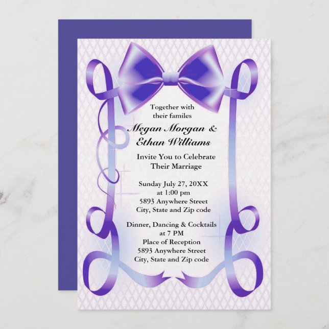 Blue Bow and Ribbon Border Wedding Invitation (Front/Back)