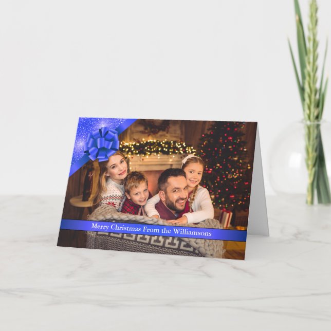 Blue Bow and Ribbon Merry Christmas Photo Holiday Card (Front)