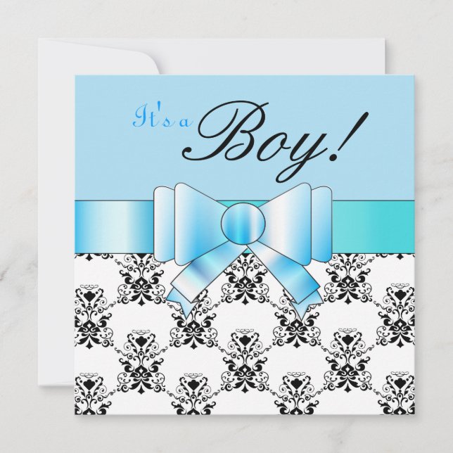 Blue Bow Baby Boy Shower Black and White Damask Invitation (Front)