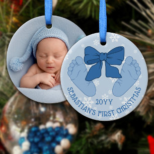 Blue Bow Baby Feet Photo Son's First Christmas Ceramic Ornament