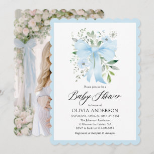 Blue Bow Baby in Bloom Floral Baby Boy Baby Shower Invitation
