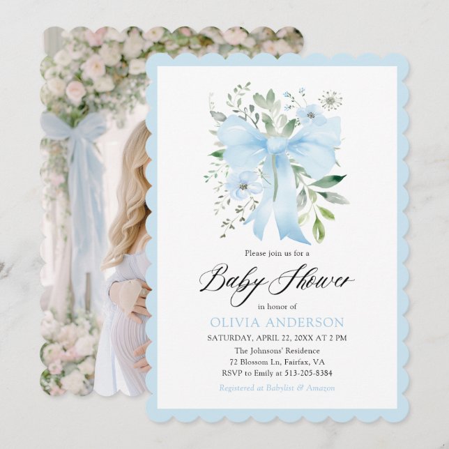 Blue Bow Baby in Bloom Floral Baby Boy Baby Shower Invitation (Front/Back)