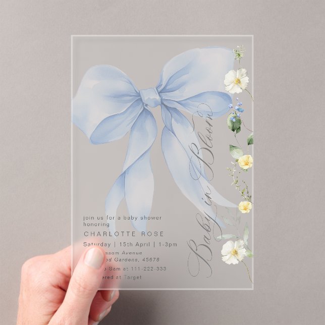 Blue Bow Baby in Bloom floral Baby boy shower Acrylic Invitations (Insitu (Handheld))