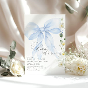 Blue Bow Baby in Bloom floral Baby boy shower Invitation