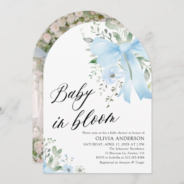 Blue Bow Baby in Bloom Floral Boy Arch Baby Shower Invitation (Front/Back)