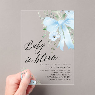 Blue Bow Baby in Bloom Floral Boy Baby Shower Acrylic Invitations