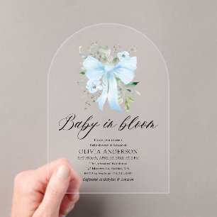 Blue Bow Baby in Bloom Floral Boy Baby Shower Acrylic Invitations