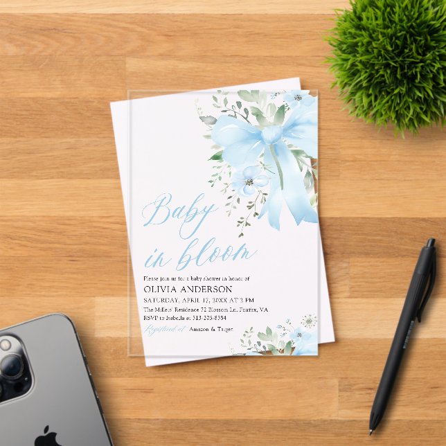 Blue Bow Baby in Bloom Floral Boy Baby Shower Acrylic Invitations (Insitu (Invitation Card))