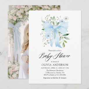 Blue Bow Baby in Bloom Floral Boy Baby Shower Invitation