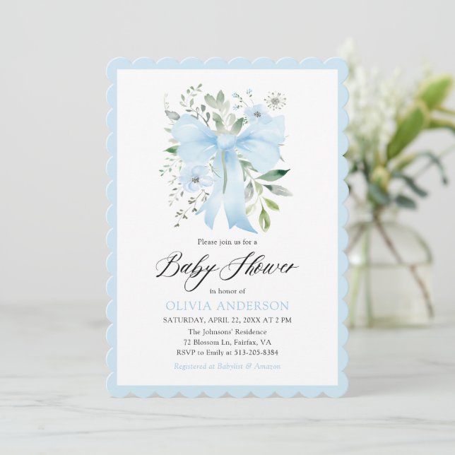 Blue Bow Baby in Bloom Floral Boy Baby Shower Invitation (Standing Front)