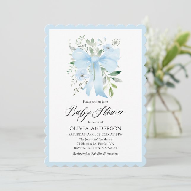 Blue Bow Baby in Bloom Floral Boy Baby Shower Invitation (Standing Front)