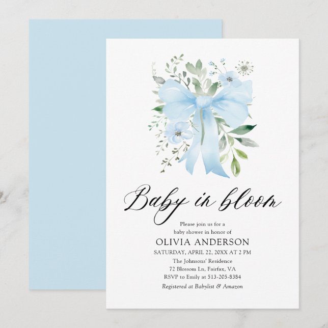 Blue Bow Baby in Bloom Floral Boy Baby Shower Invitation (Front/Back)