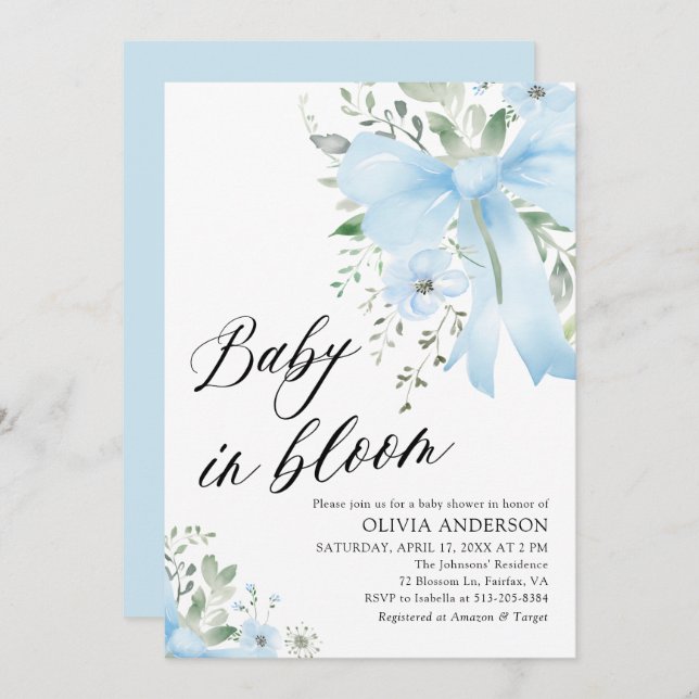 Blue Bow Baby in Bloom Floral Boy Baby Shower Invitation (Front/Back)
