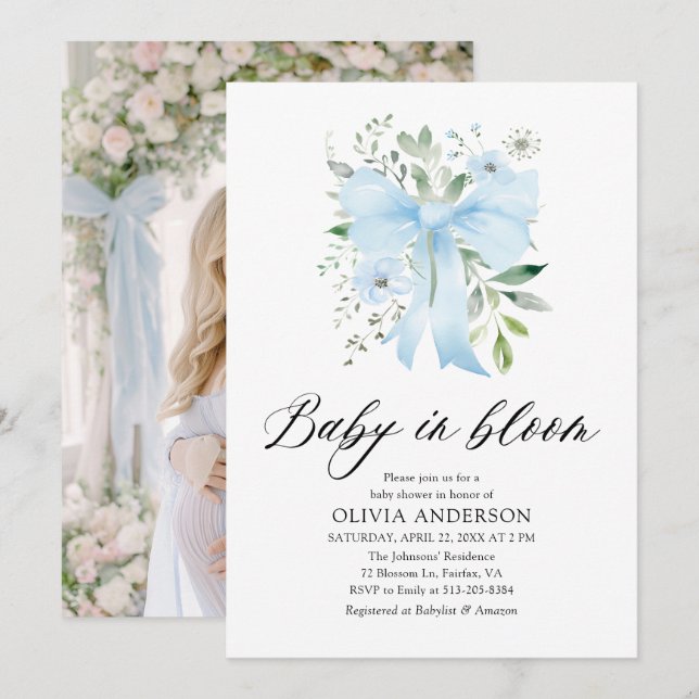 Blue Bow Baby in Bloom Floral Boy Baby Shower Invitation (Front/Back)