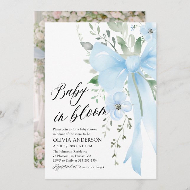 Blue Bow Baby in Bloom Floral Boy Baby Shower Invitation (Front/Back)