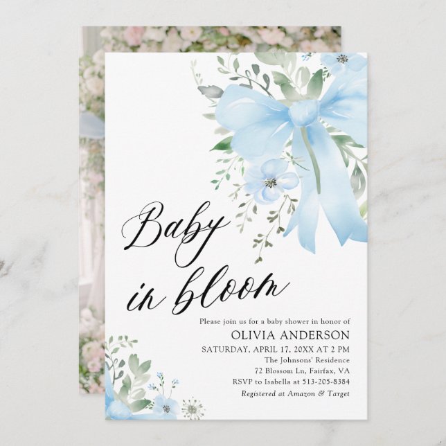Blue Bow Baby in Bloom Floral Boy Baby Shower Invitation (Front/Back)