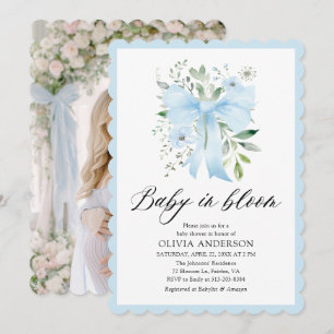 Blue Bow Baby in Bloom Floral Boy Baby Shower Invitation