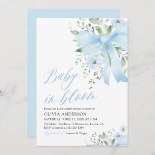 Blue Bow Baby in Bloom Floral Boy Baby Shower Invitation
