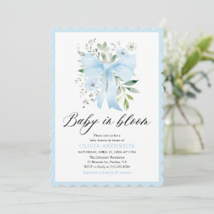 Blue Bow Baby in Bloom Floral Boy Baby Shower Invitation